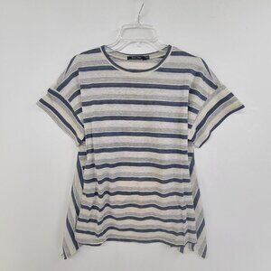 153. Doe & Rae NWT Short Sleeve Tie Back Linen Blend Casual Top Blue Gray Str